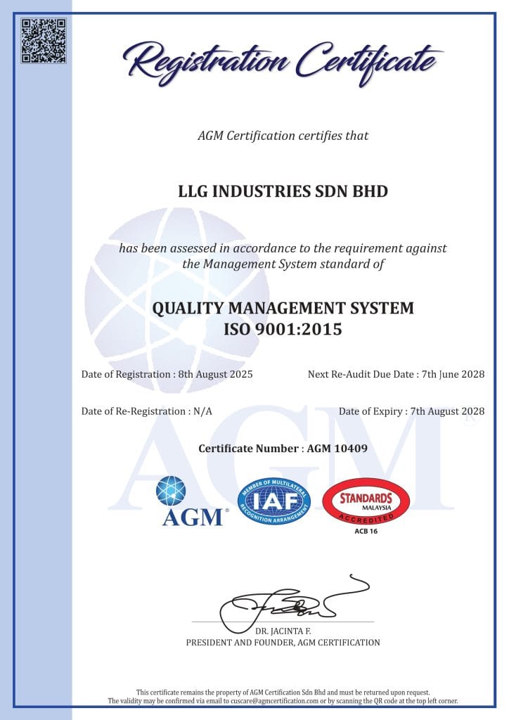 LLG Industries ISO 9001:2015 registration certificate