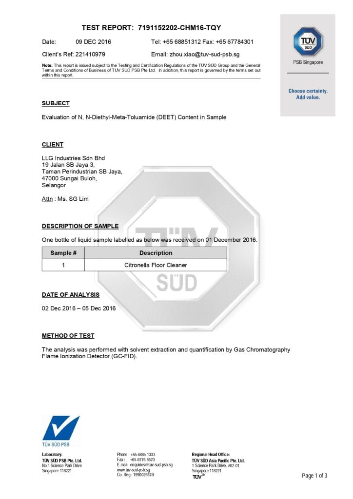 TÜV SÜD test report for DEET content in Citronella Floor Cleaner