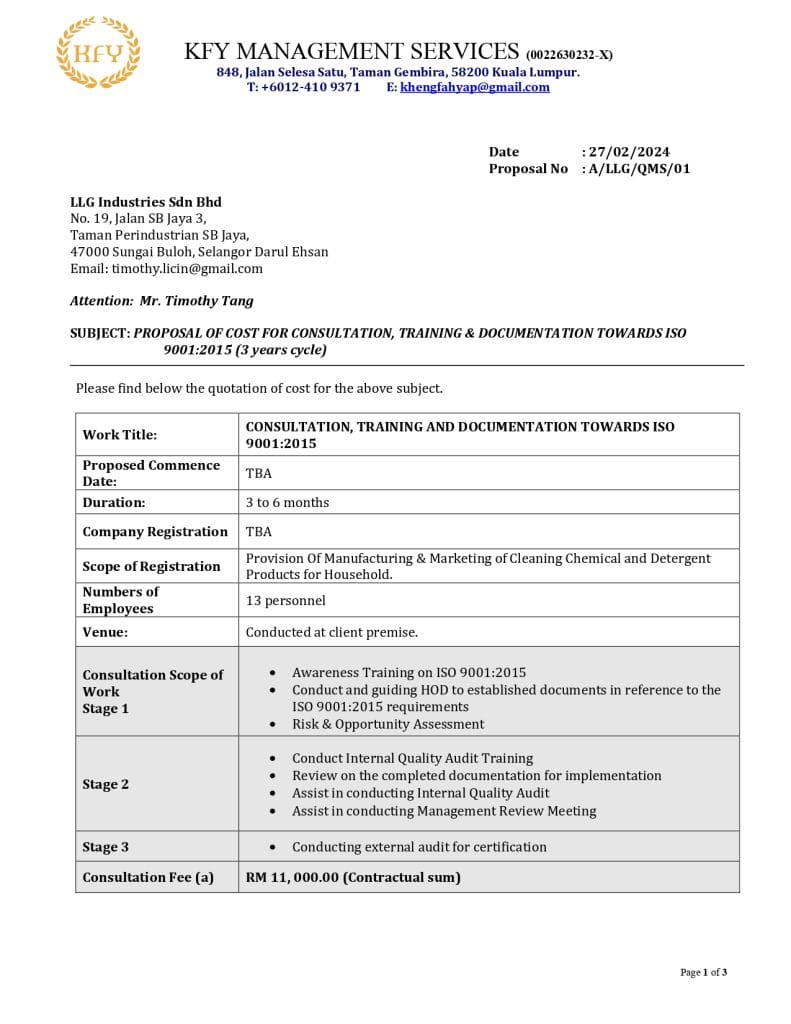 ISO 9001:2015 consultation, training and documentation proposal for LLG Industries
