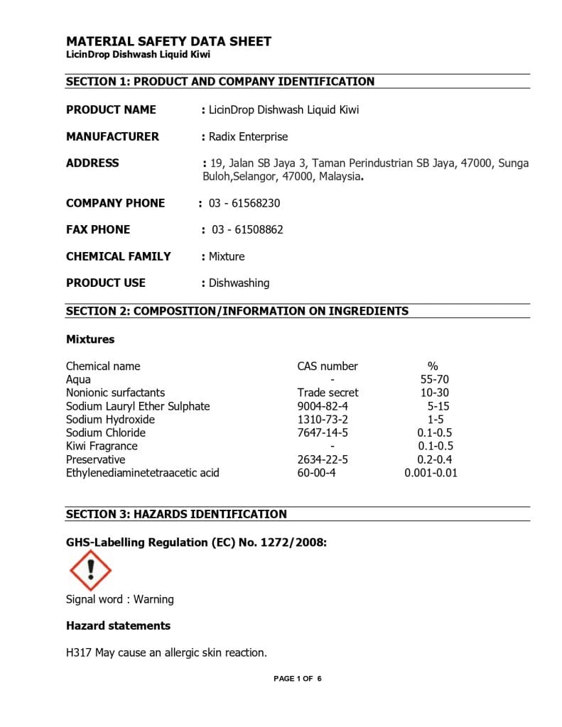 Material safety data sheet for LicinDrop Dishwash Liquid Kiwi