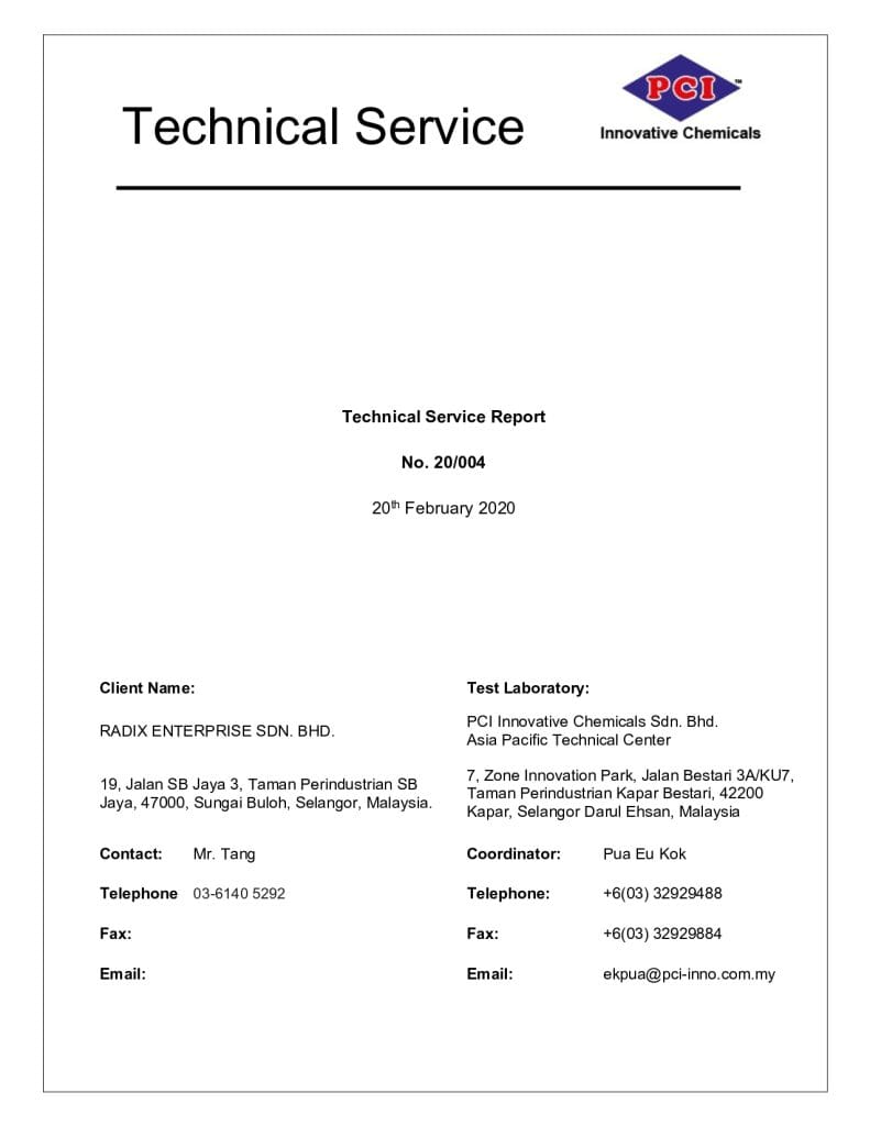 PCI Innovative Chemicals technical service report number 20/004