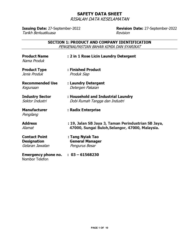 Safety data sheet for 2 in 1 Rose Licin Laundry Detergent