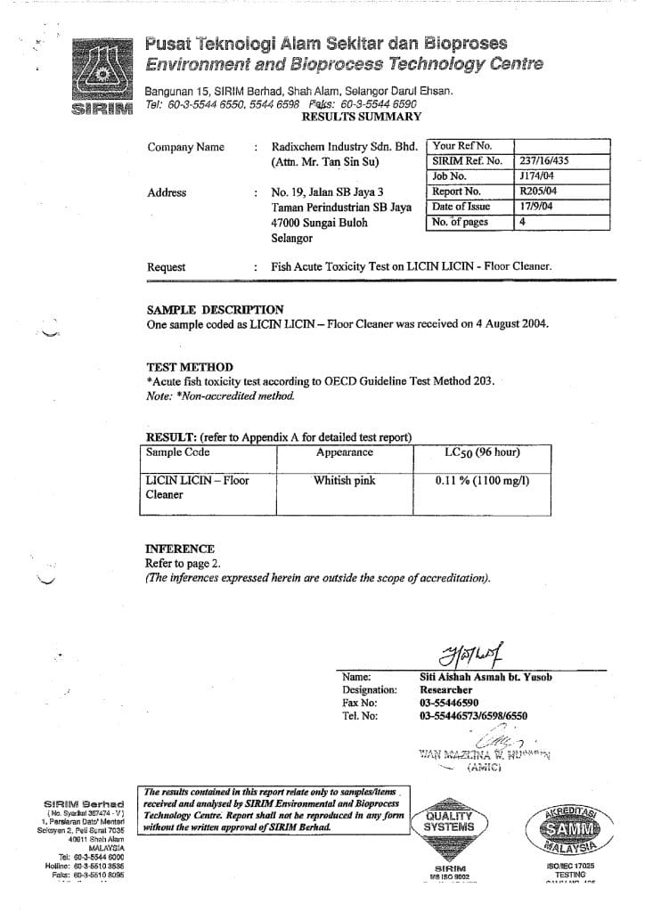 SIRIM acute fish toxicity test results for Licin-Licin Floor Cleaner