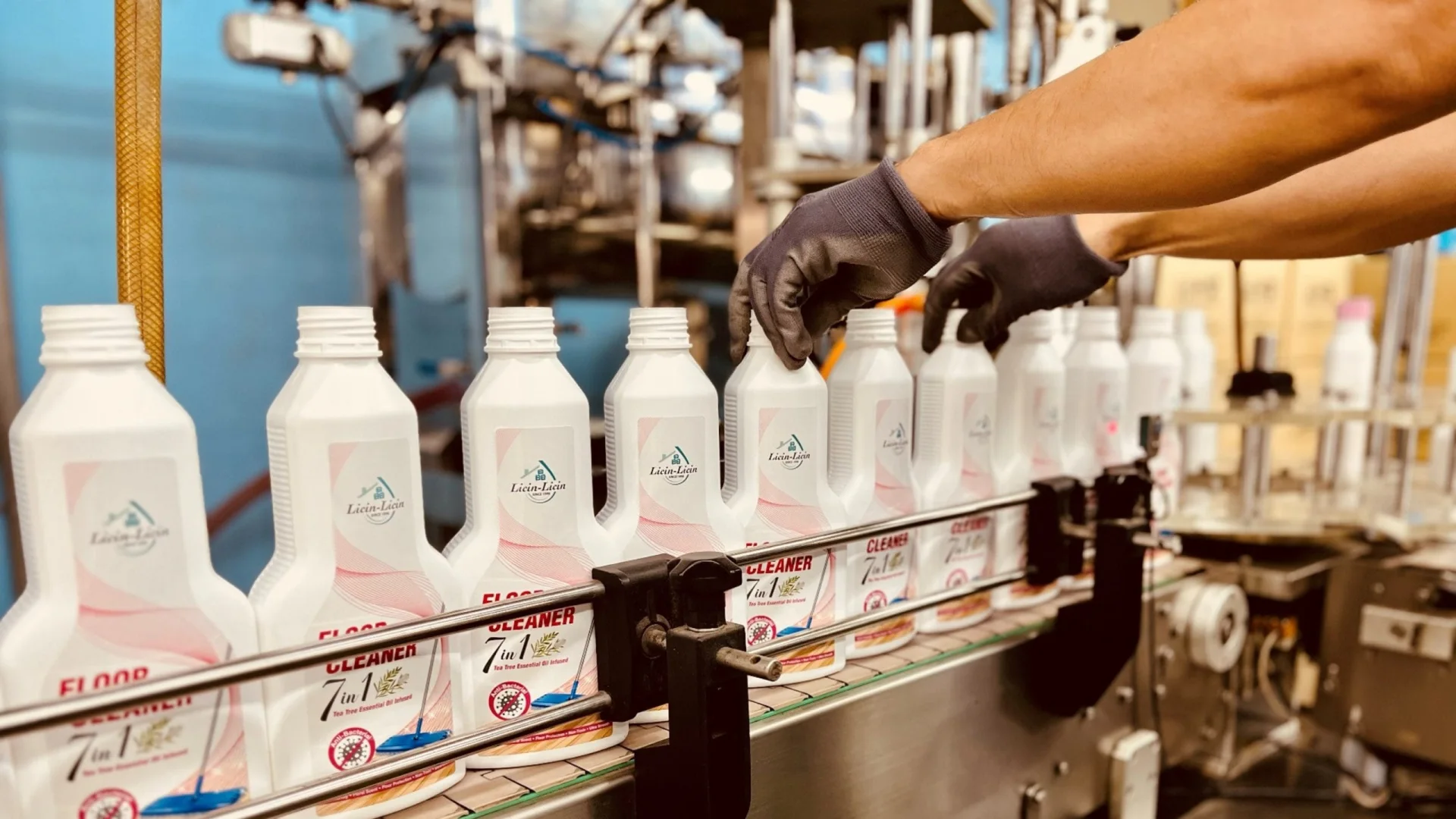 Licin-Licin floor-cleaner bottles moving through the production line