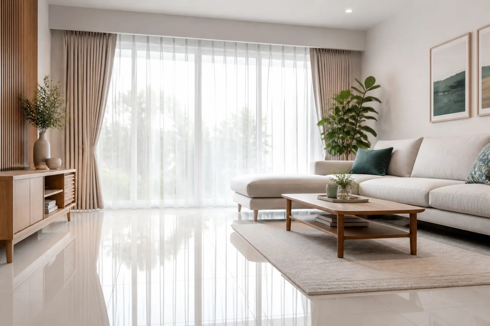 Bright Malaysian living room with a clean tiled floor